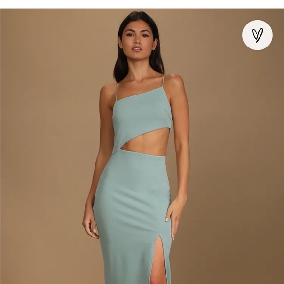 Lulu’s Sage Blue Asymmetrical cutout midi dress - Picture 6 of 8
